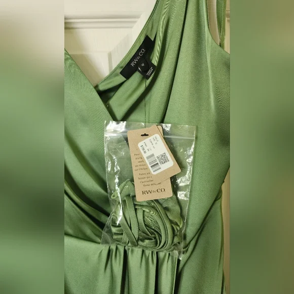 RW&Co NWT Satin Midi Cocktail Dress with Removable Flower Sash in Shale Green 12 - Picture 9 of 15